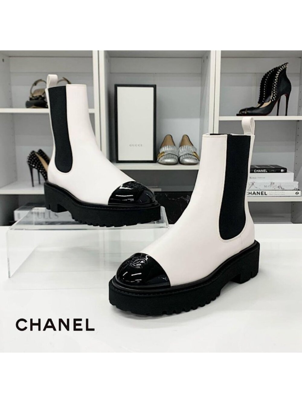 Chanel CC Logo Leather Patent Side Gore Short Boots White